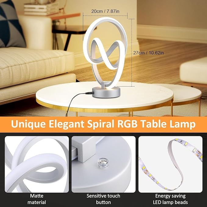 LED Spiral Table Lamp | RGB Touch Dimmable Bedside Lamp