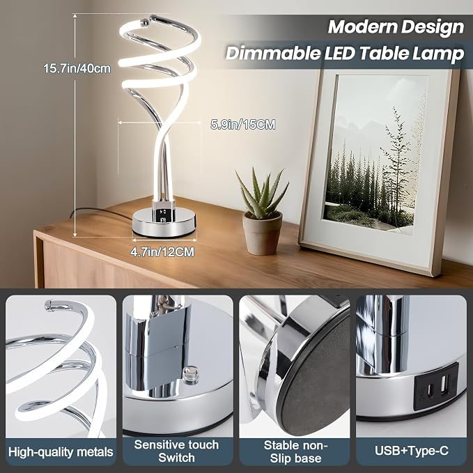Modern LED Table Lamp Silver | 3 Colour Touch Dimmable with USB